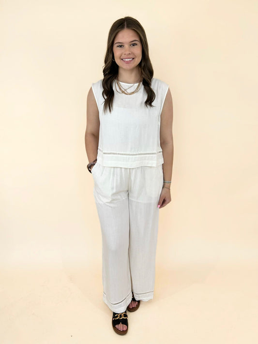 women’s ivory sleeveless two piece set with wide leg pants casual chic neutral outfit boutique fashion look full body front view