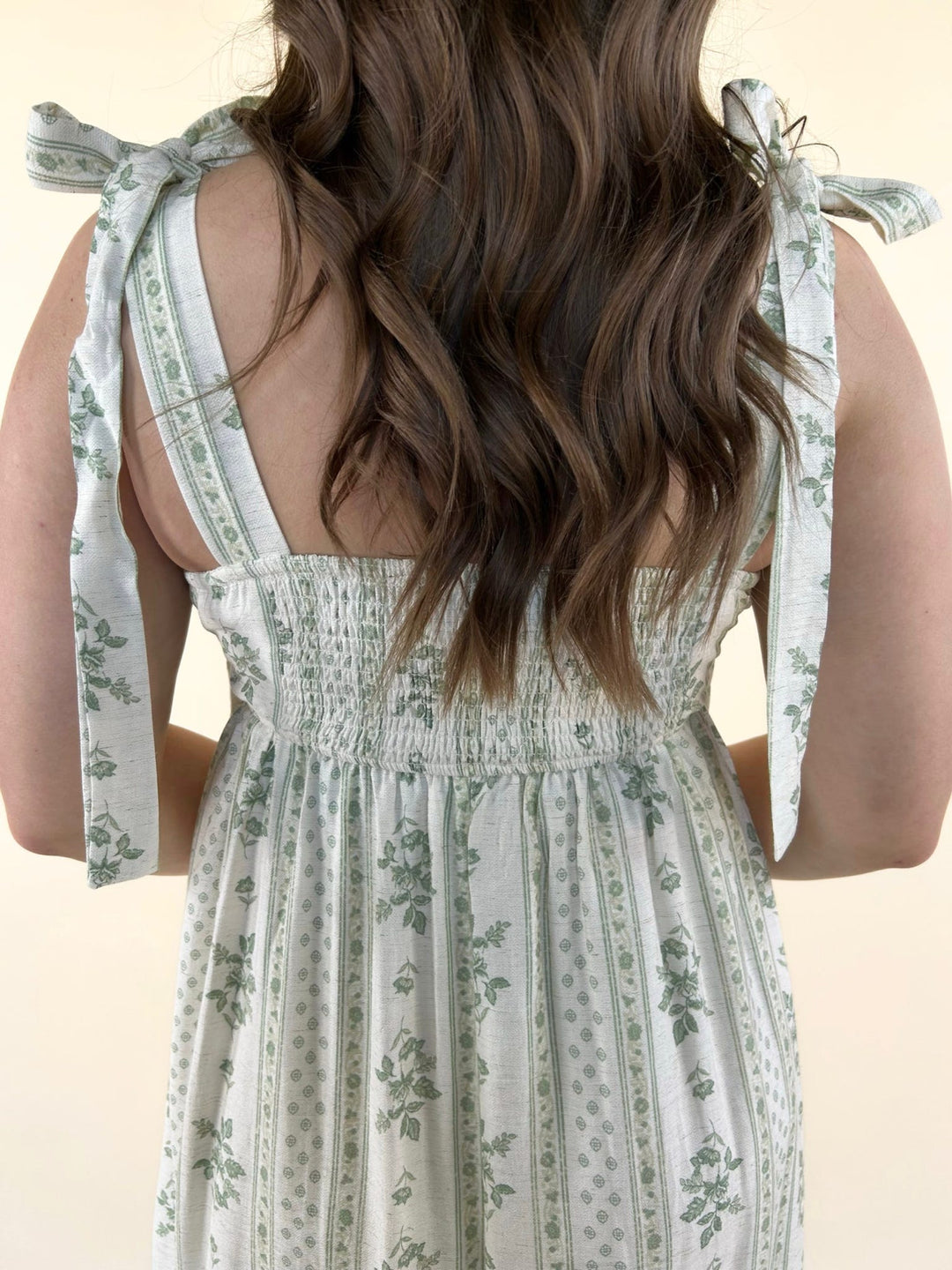 Wyla Floral Stripe Tie Strap Midi Dress - Cream &amp; Green