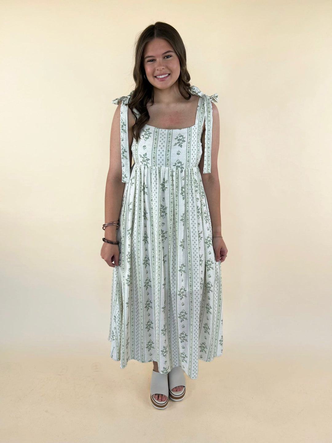 Wyla Floral Stripe Tie Strap Midi Dress - Cream & Green