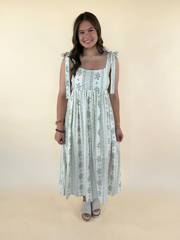 Wyla Floral Stripe Tie Strap Midi Dress - Cream &amp; Green