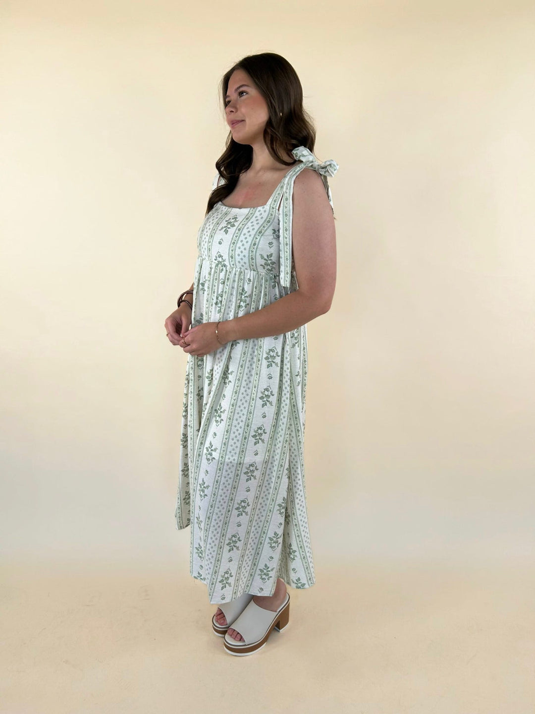Wyla Floral Stripe Tie Strap Midi Dress - Cream &amp; Green