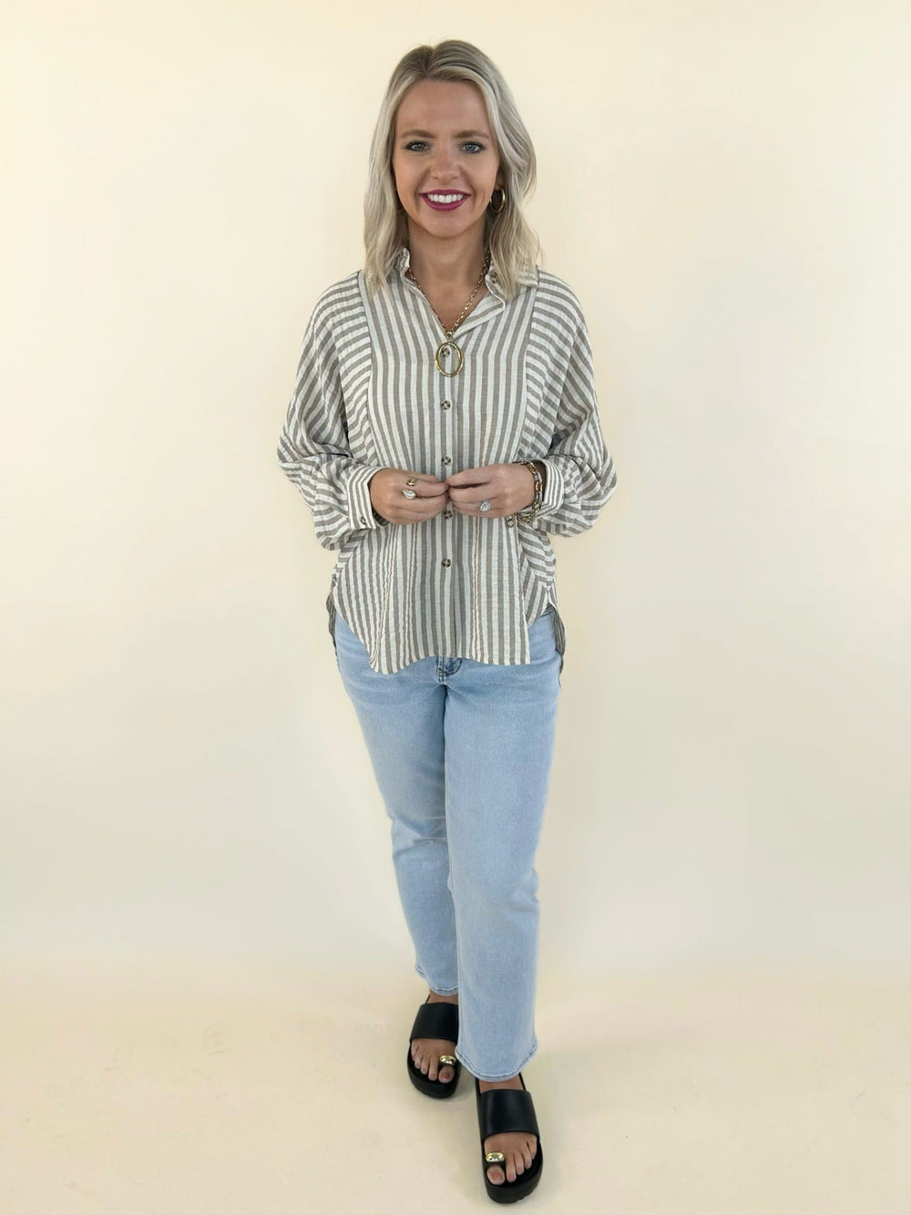 Kathy Button Front Striped Top