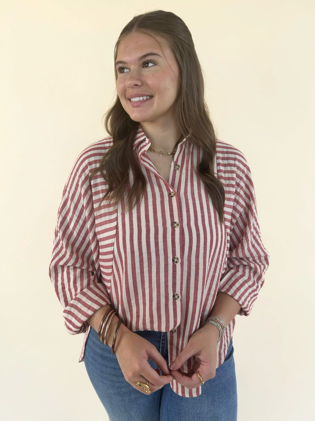 Kathy Button Front Striped Top