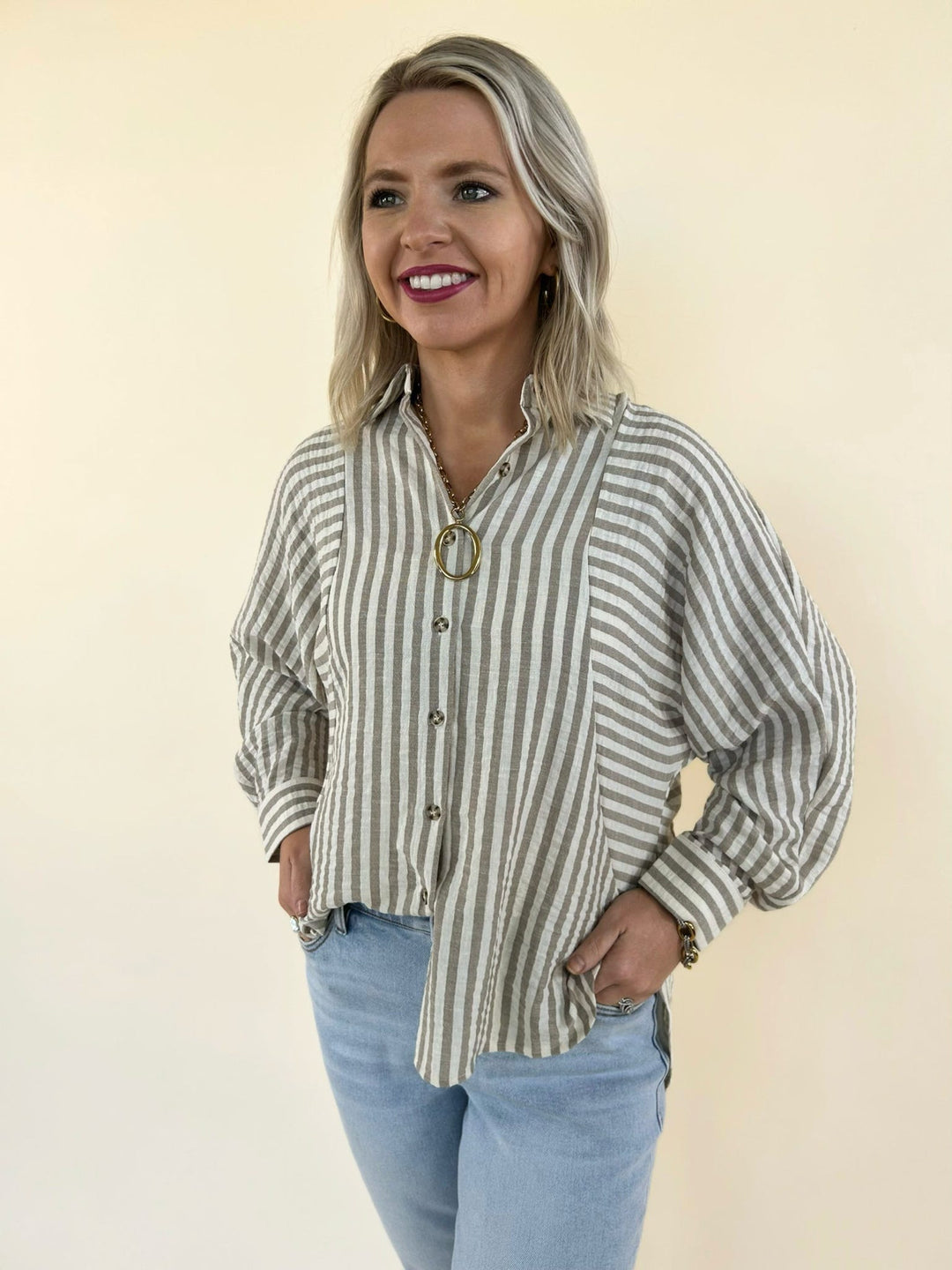 Kathy Button Front Striped Top