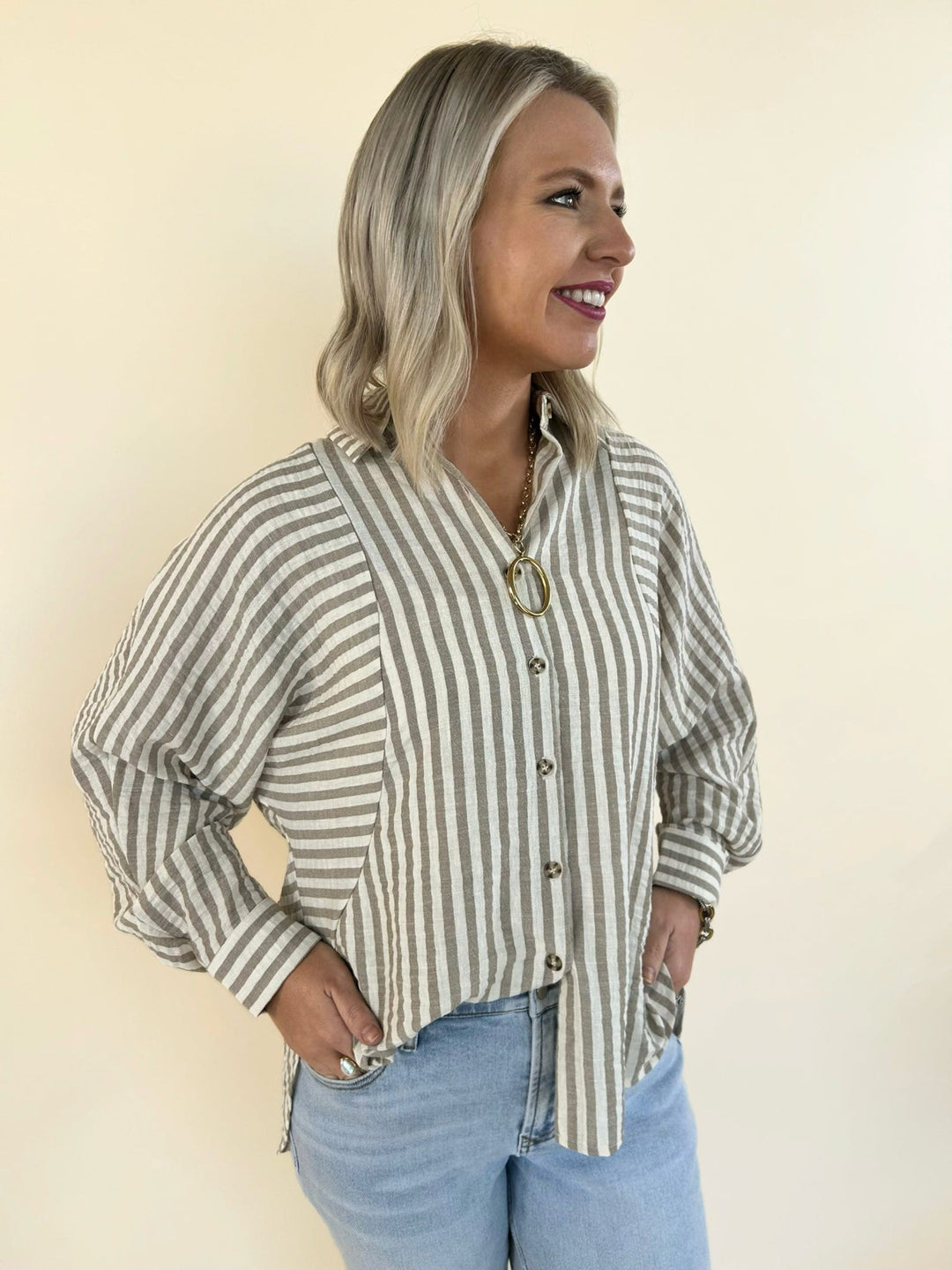 Kathy Button Front Striped Top