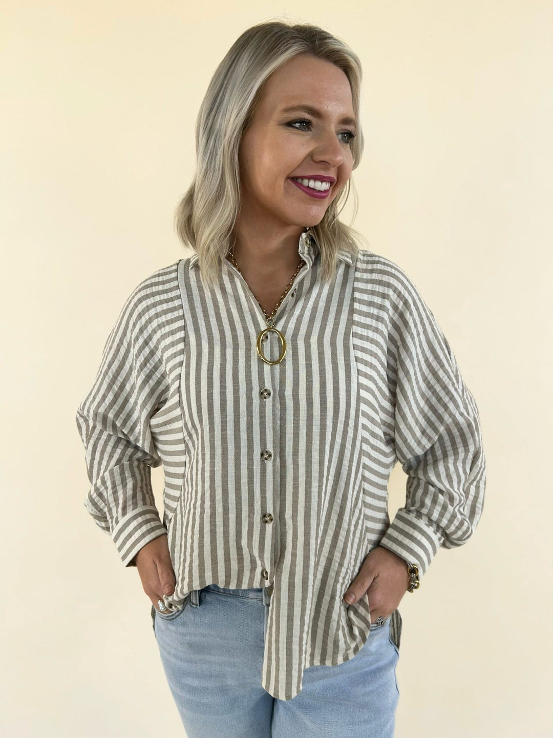 Kathy Button Front Striped Top