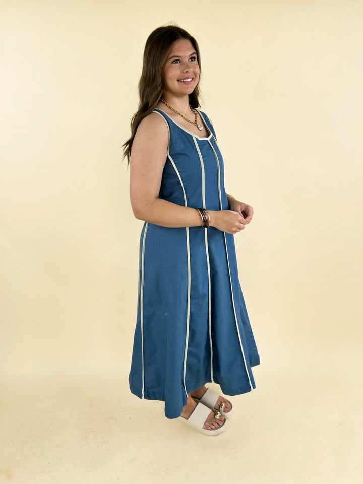 Blue midi dress side view, sleeveless contrast trim dress, women&