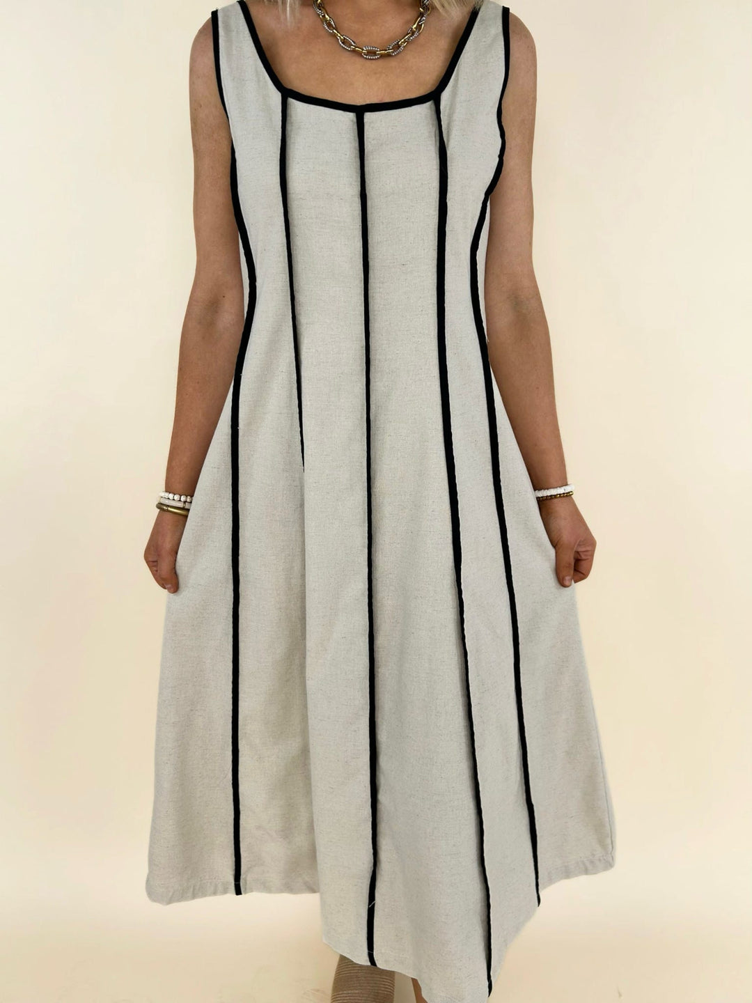 Natural linen blend midi dress with black contrast piping, women&