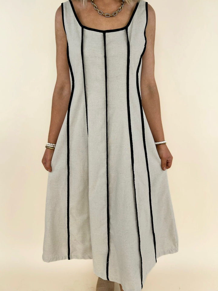 Natural linen blend midi dress with black contrast piping, women&