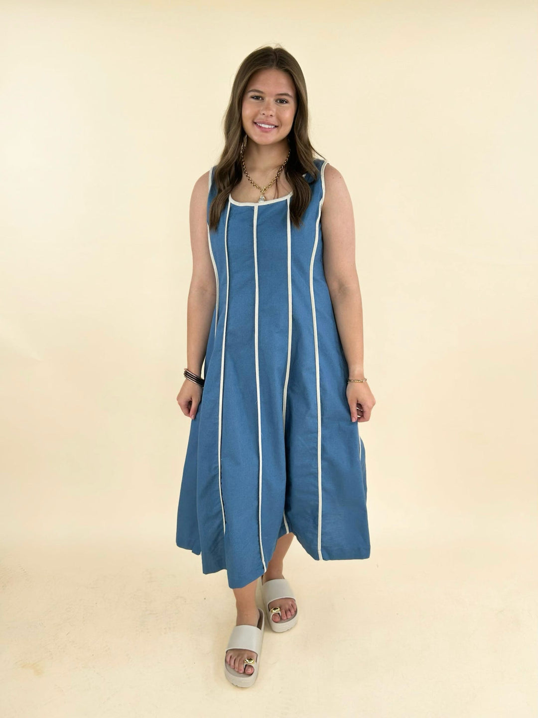 Blue contrast trim midi dress for women, sleeveless A-line dress with square neckline, elegant casual summer dress, flowy midi dress for brunch, vacation and everyday wear