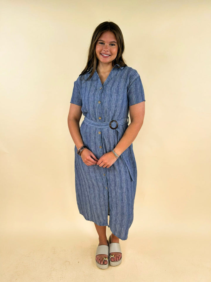 Front standing pose of blue striped belted shirtdress, midi length, comfortable everyday summer dress for women