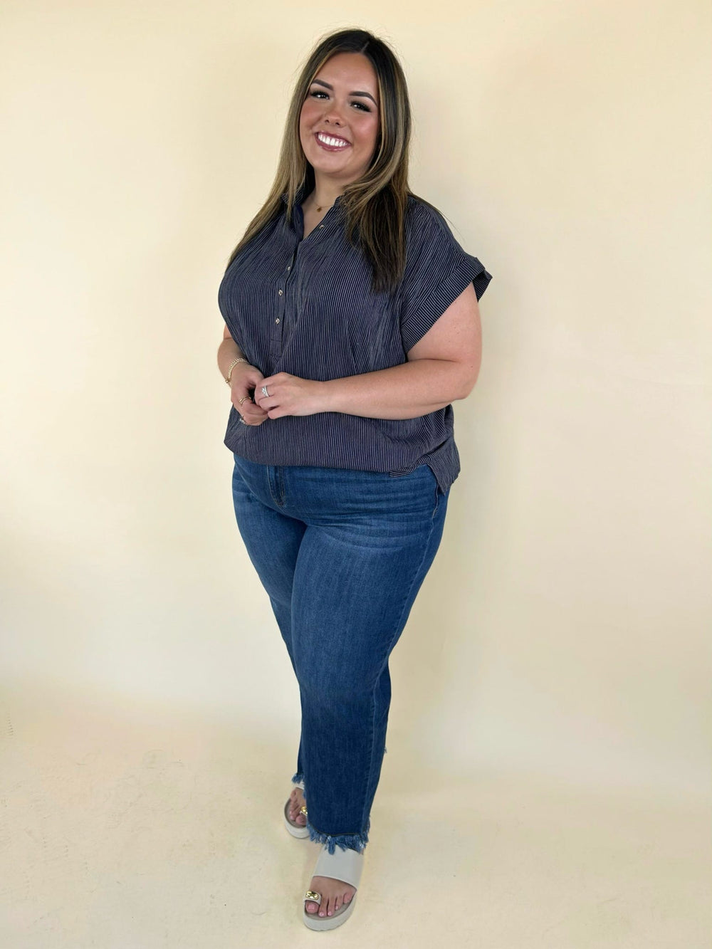 Plus size navy pinstripe blouse front view relaxed fit everyday womens top boutique style