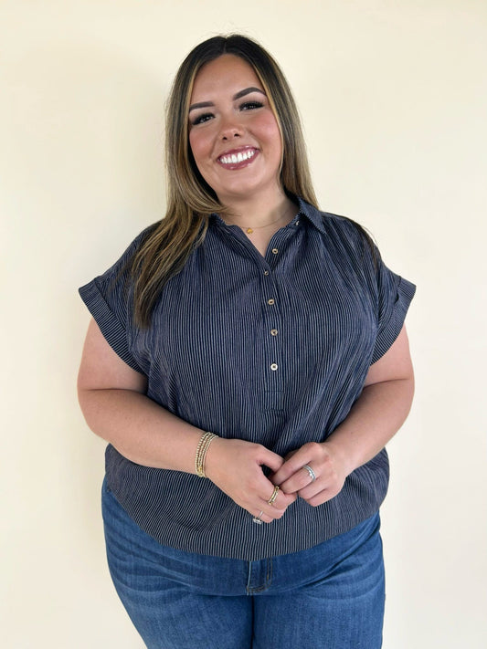 Plus size navy striped button front blouse styled with jeans casual outfit boutique look