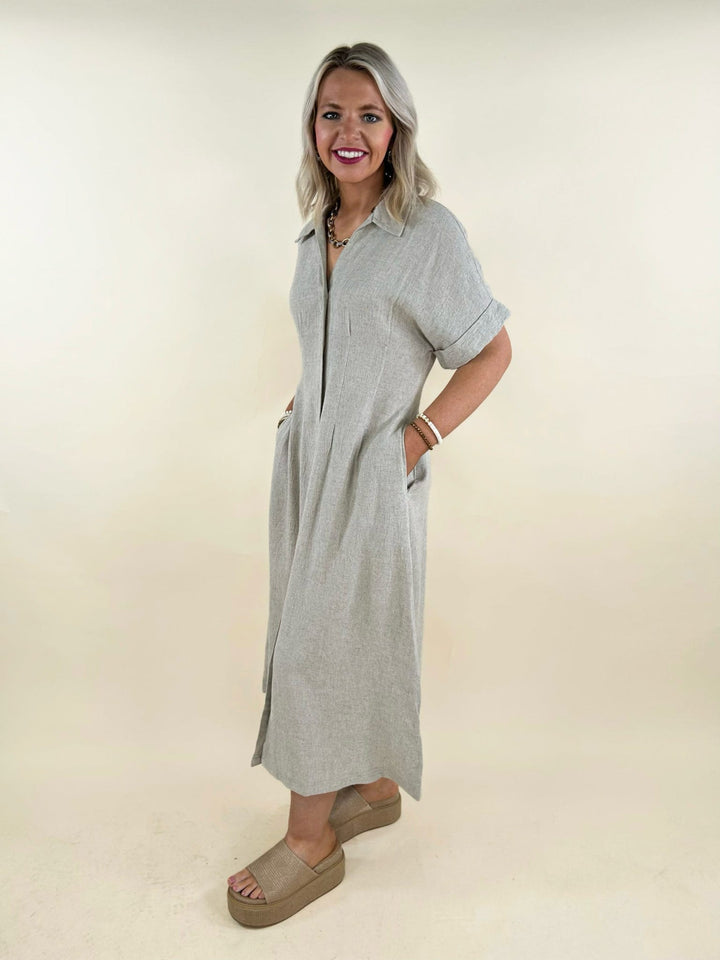 neutral button front midi shirt dress full length casual outfit with pockets relaxed fit summer dress