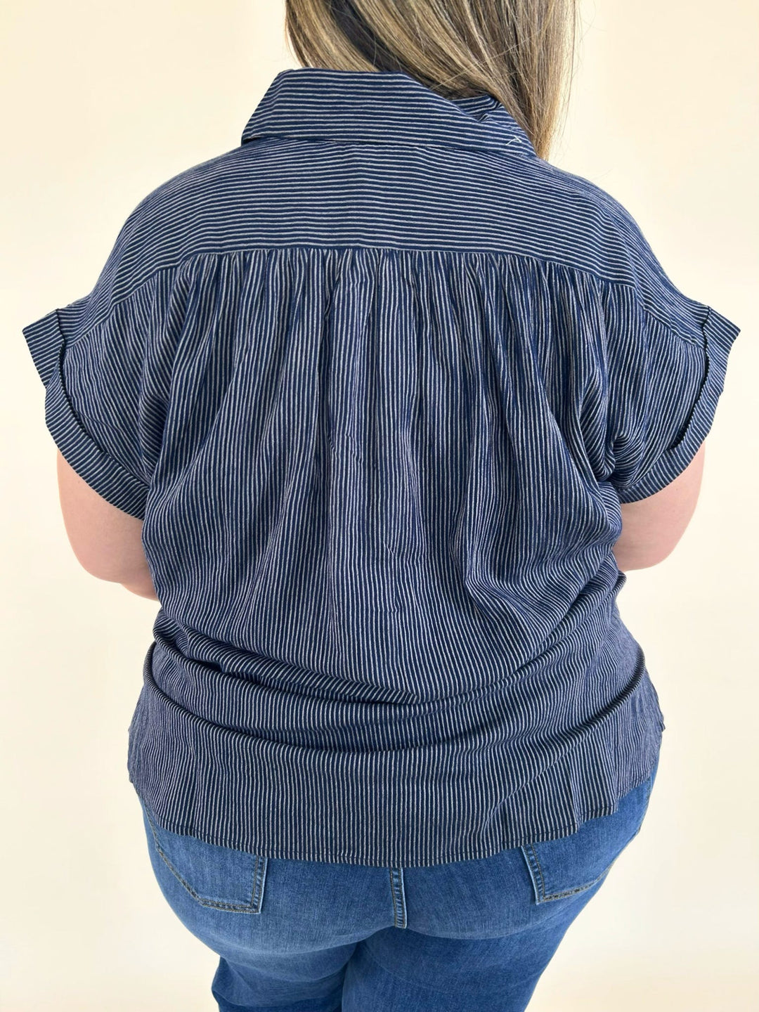 Plus size navy pinstripe button up blouse back view relaxed fit womens top boutique