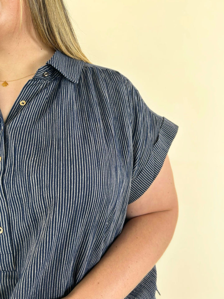 Close up navy pinstripe blouse collar button detail short sleeve womens top boutique
