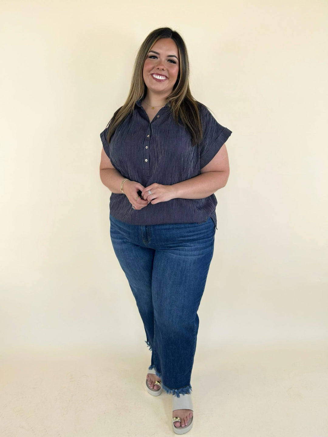 Plus size navy striped blouse full body outfit with denim casual chic boutique styling