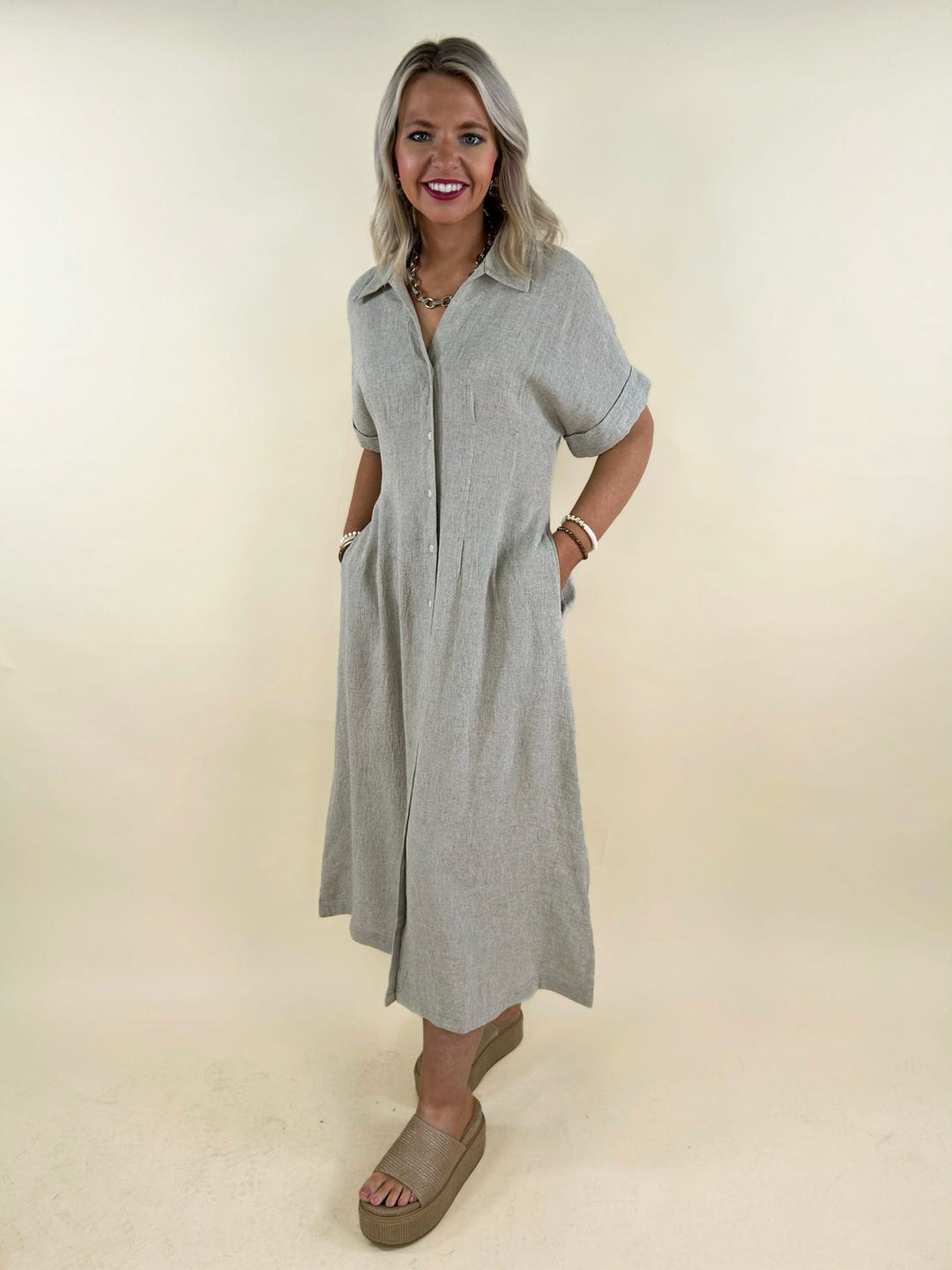 neutral midi shirt dress front view button down detail short sleeves relaxed fit everyday outfit