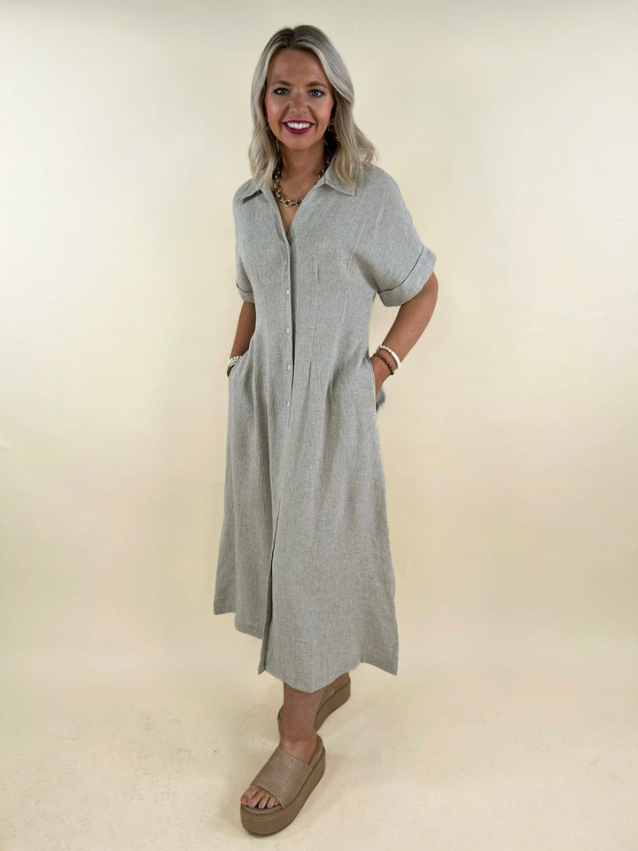 neutral midi shirt dress front view button down detail short sleeves relaxed fit everyday outfit