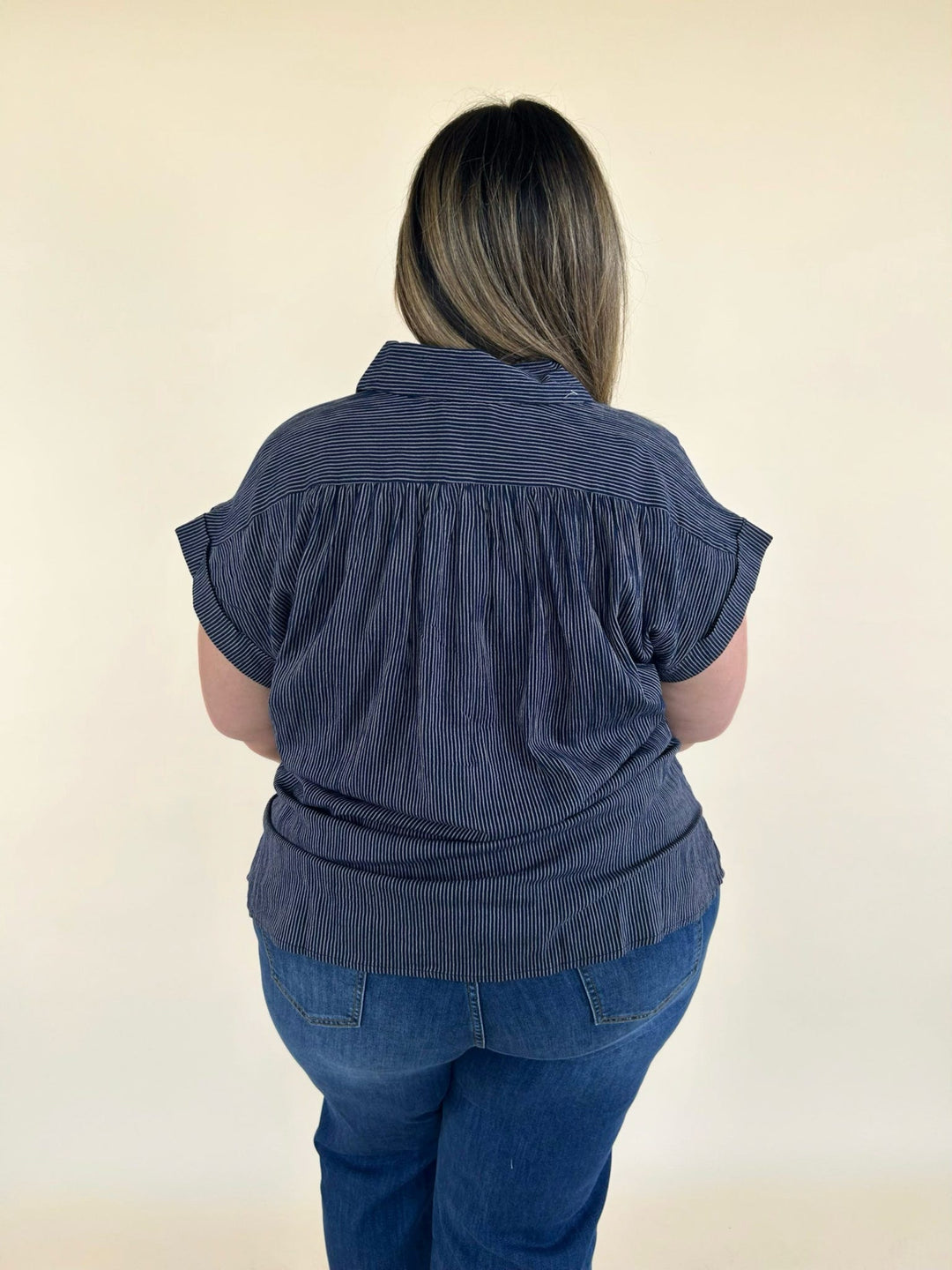 Navy striped short sleeve blouse back view lightweight flowy top plus size boutique clothing