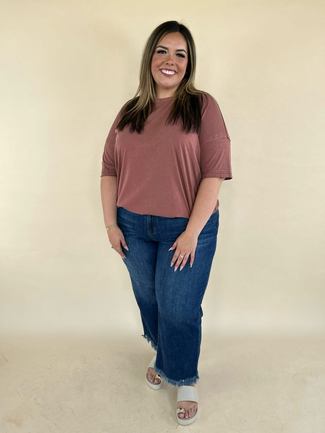 rust oversized tee front view with denim jeans relaxed fit casual outfit women’s boutique