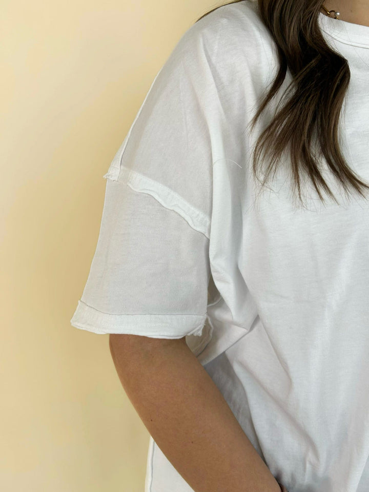 white tee sleeve detail soft cotton oversized relaxed fit casual women’s top