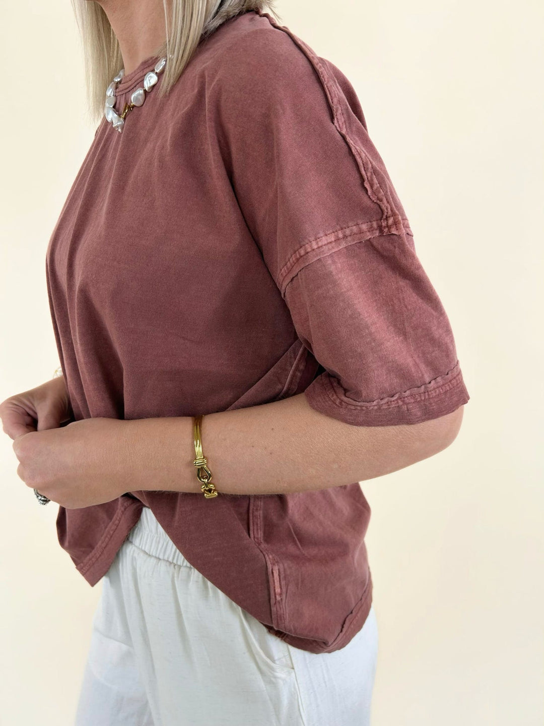 rust oversized tee side detail sleeve stitching soft cotton relaxed fit women’s top