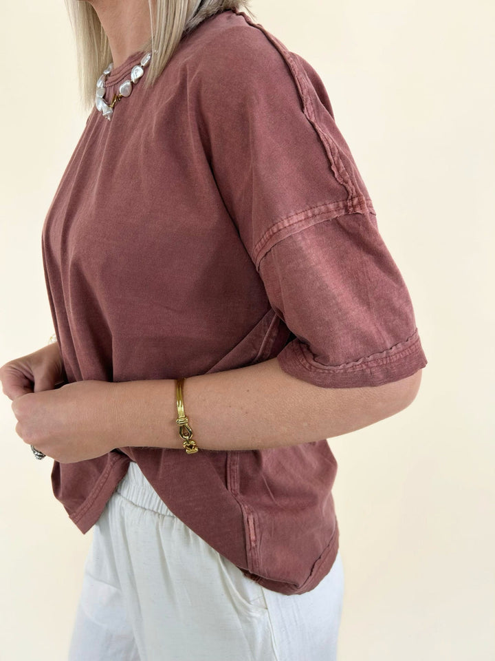 rust oversized tee side detail sleeve stitching soft cotton relaxed fit women’s top