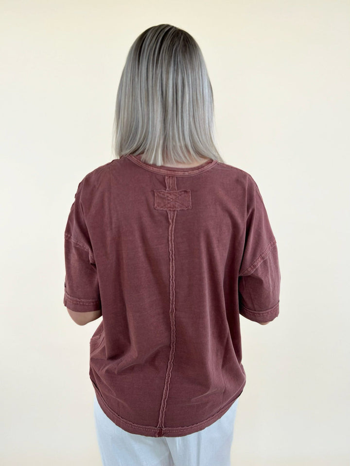 rust oversized tee back detail seam design relaxed fit women’s boutique top