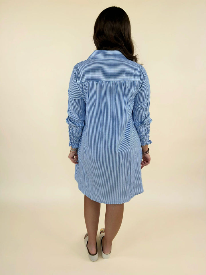 Back view of women’s blue and white striped shirt dress with long sleeves and relaxed fit