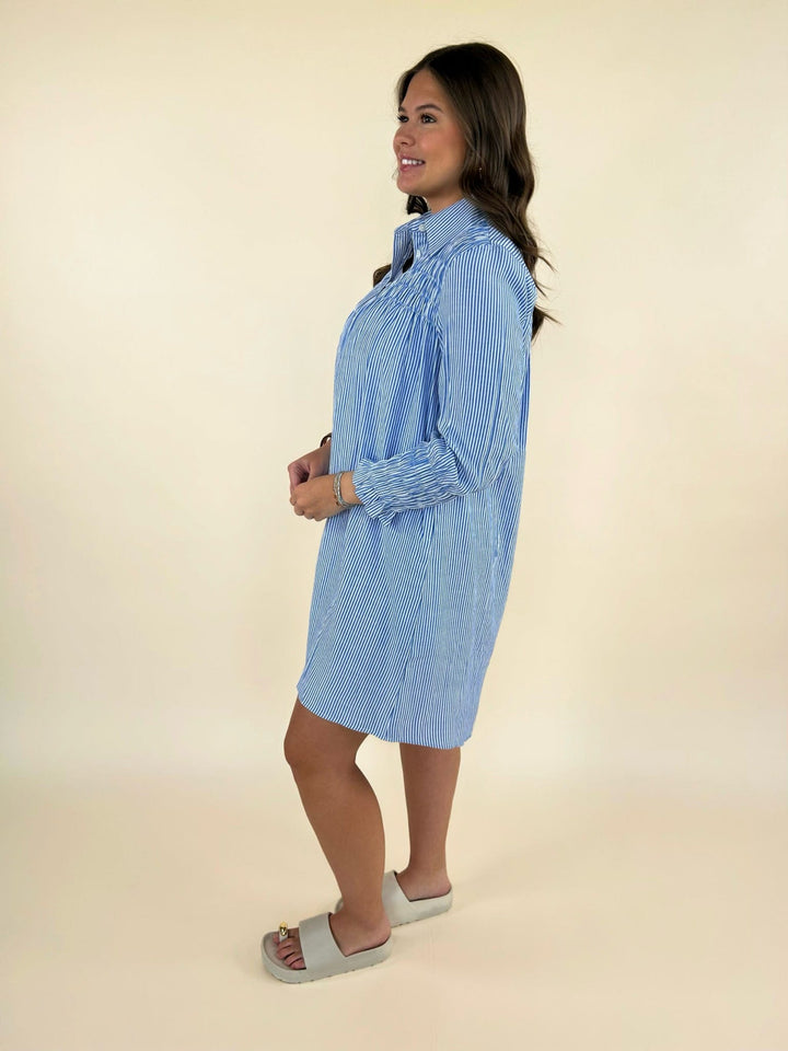 Side view of women’s blue striped button front shirt dress with long sleeves and relaxed silhouette