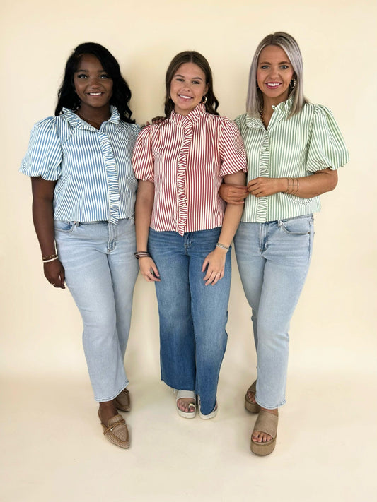 Women’s striped ruffle blouses in blue, red, and green styled with light wash and medium wash denim jeans and casual spring outfits