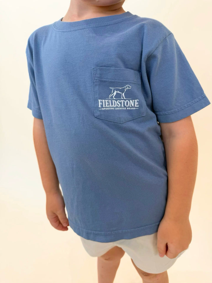 Fieldstone Sporting Lifestyle Brand pocket tee, boys blue cotton t-shirt, youth southern apparel, comfortable everyday kids shirt, classic pocket tee for boys, outdoor lifestyle clothing