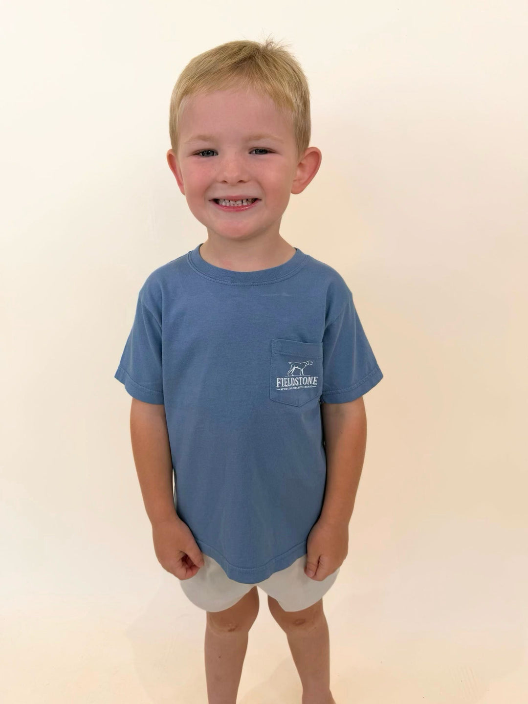 Fieldstone youth pocket t-shirt, boys blue graphic tee, southern lifestyle apparel for kids, casual boys pocket tee, youth outdoor clothing, patriotic summer t-shirt