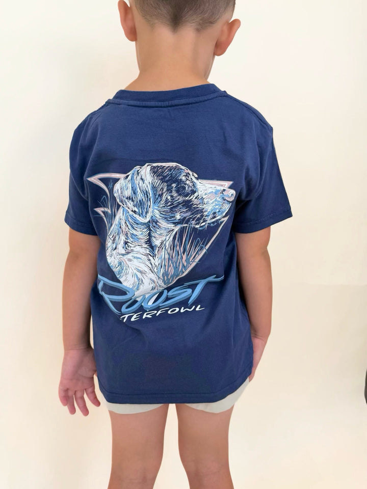 Roost Waterfowl dog graphic t-shirt, youth hunting dog tee, boys sporting dog shirt, outdoor lifestyle apparel for kids, bird dog graphic tee, southern boys hunting clothing, navy blue youth graphic shirt