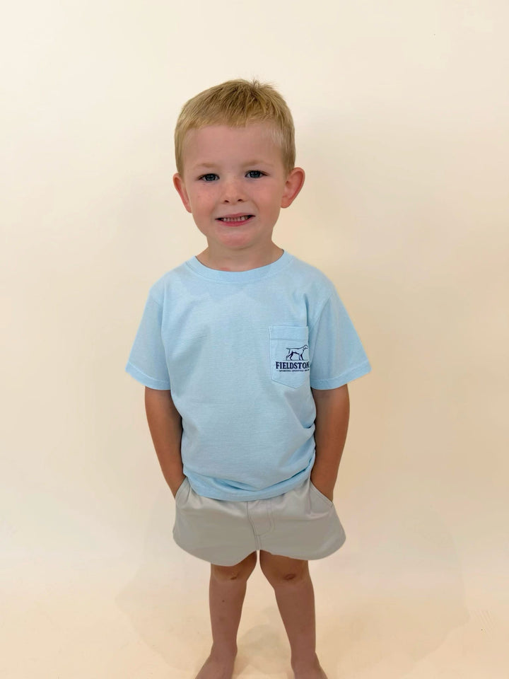 Youth Fieldstone pocket t-shirt in light blue, boys outdoor lifestyle tee with Fieldstone logo pocket, comfortable cotton short sleeve shirt for kids, southern sporting apparel