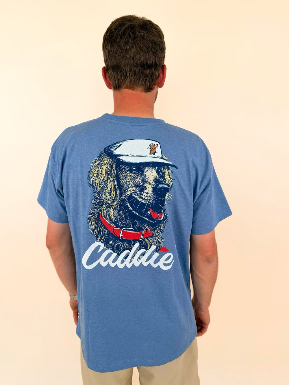 golden retriever graphic t-shirt, golf dog t-shirt, men's dog lover shirt, caddie golf apparel, retriever graphic tee, hunting dog t-shirt, southern lifestyle shirt, men's graphic pocket tee, dog and golf themed apparel, casual outdoor clothing