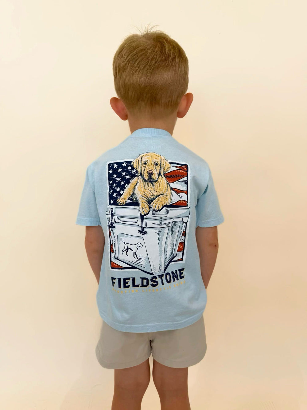 Youth Fieldstone graphic t-shirt with Labrador retriever puppy and American flag cooler design, boys outdoor lifestyle shirt, patriotic sporting apparel for kids