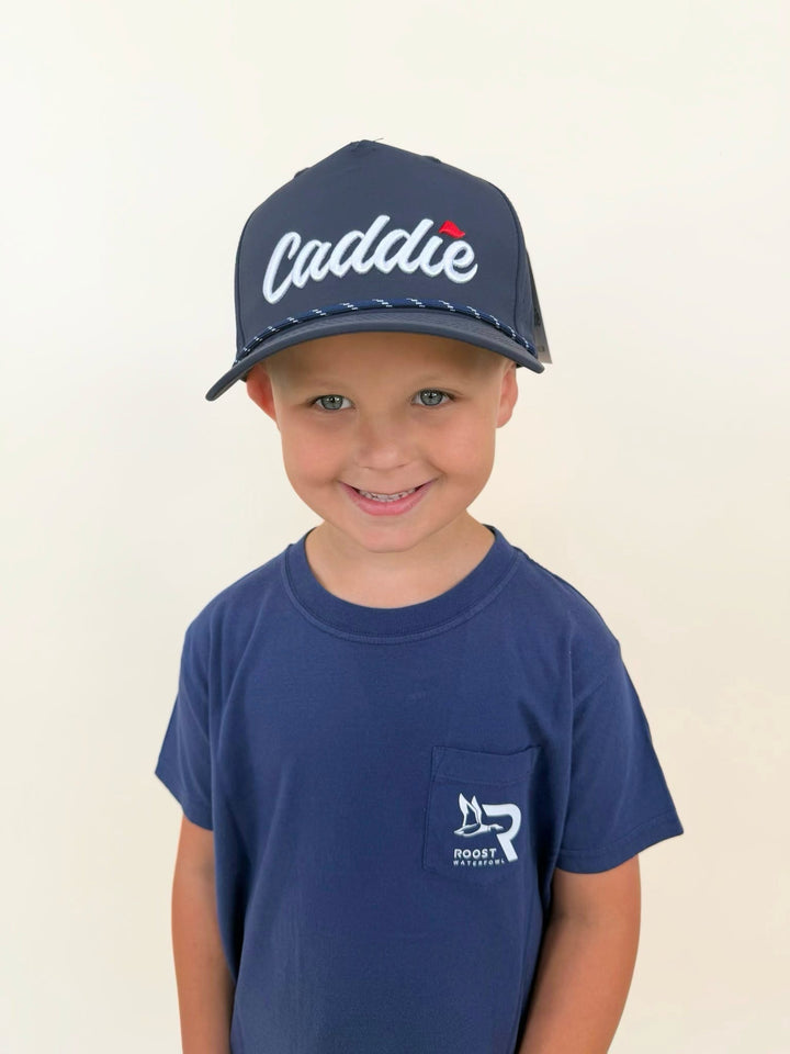 Youth Caddie golf hat and Roost Waterfowl pocket tee, boys southern outfit, navy performance rope hat, youth outdoor apparel, boys golf and hunting lifestyle clothing