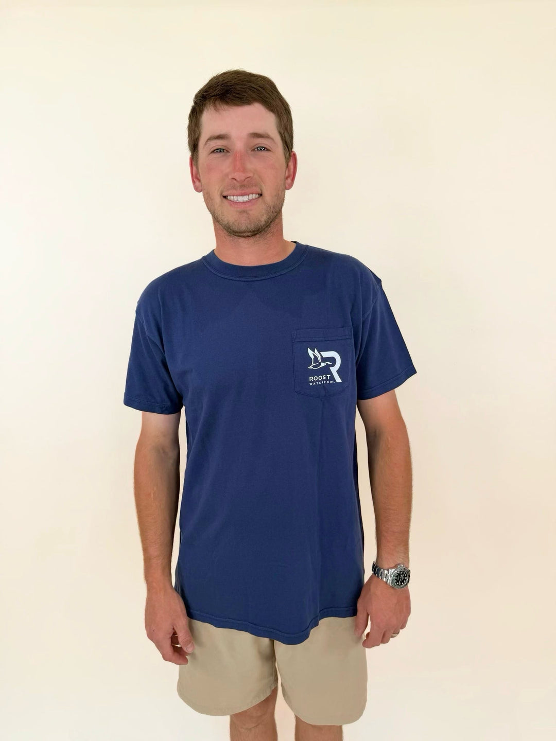 Roost Waterfowl pocket t-shirt, navy blue hunting tee, men&