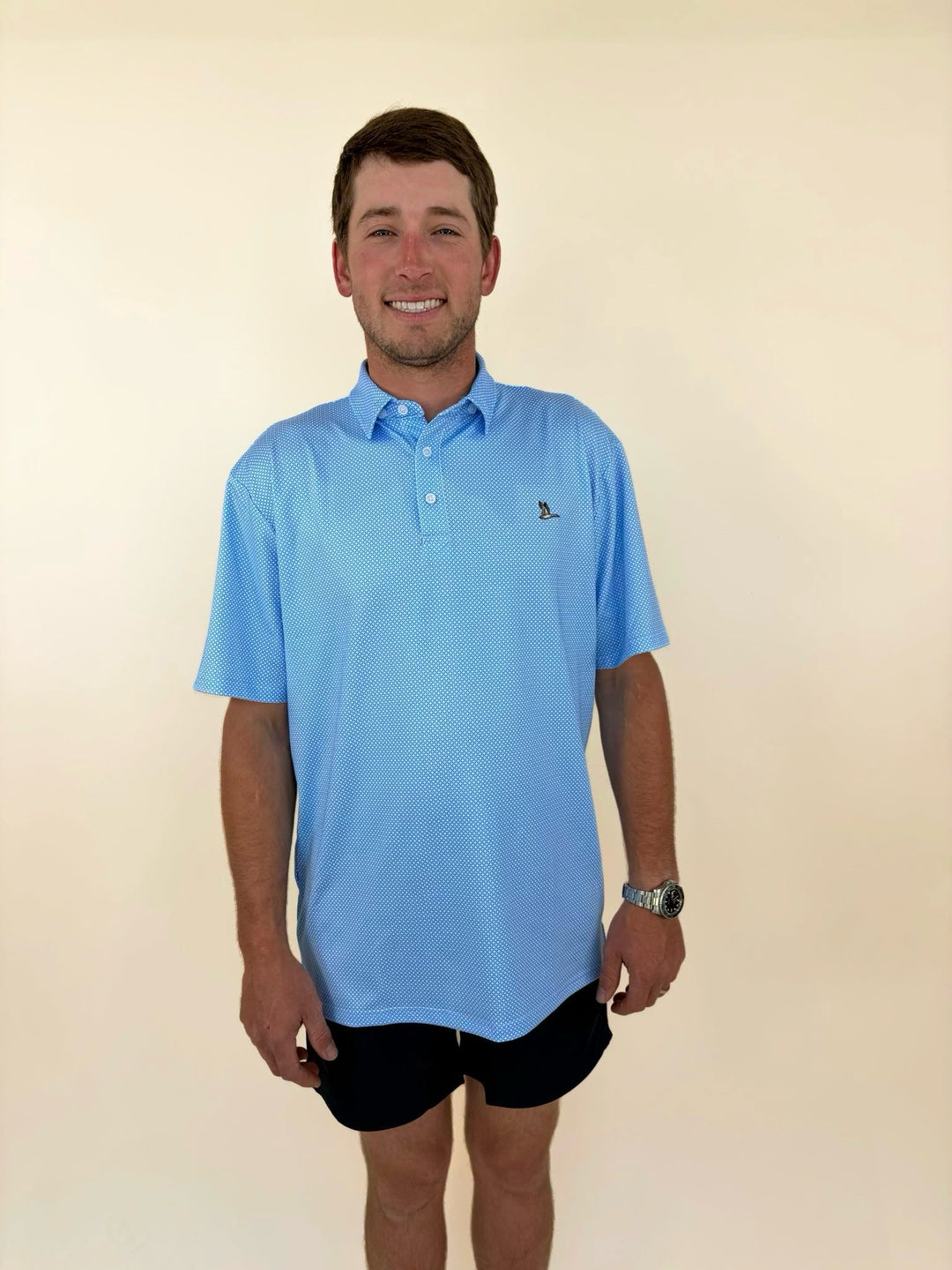 Men’s blue performance golf polo, moisture wicking polo shirt, classic collared golf shirt, Roost Waterfowl apparel, lightweight men&