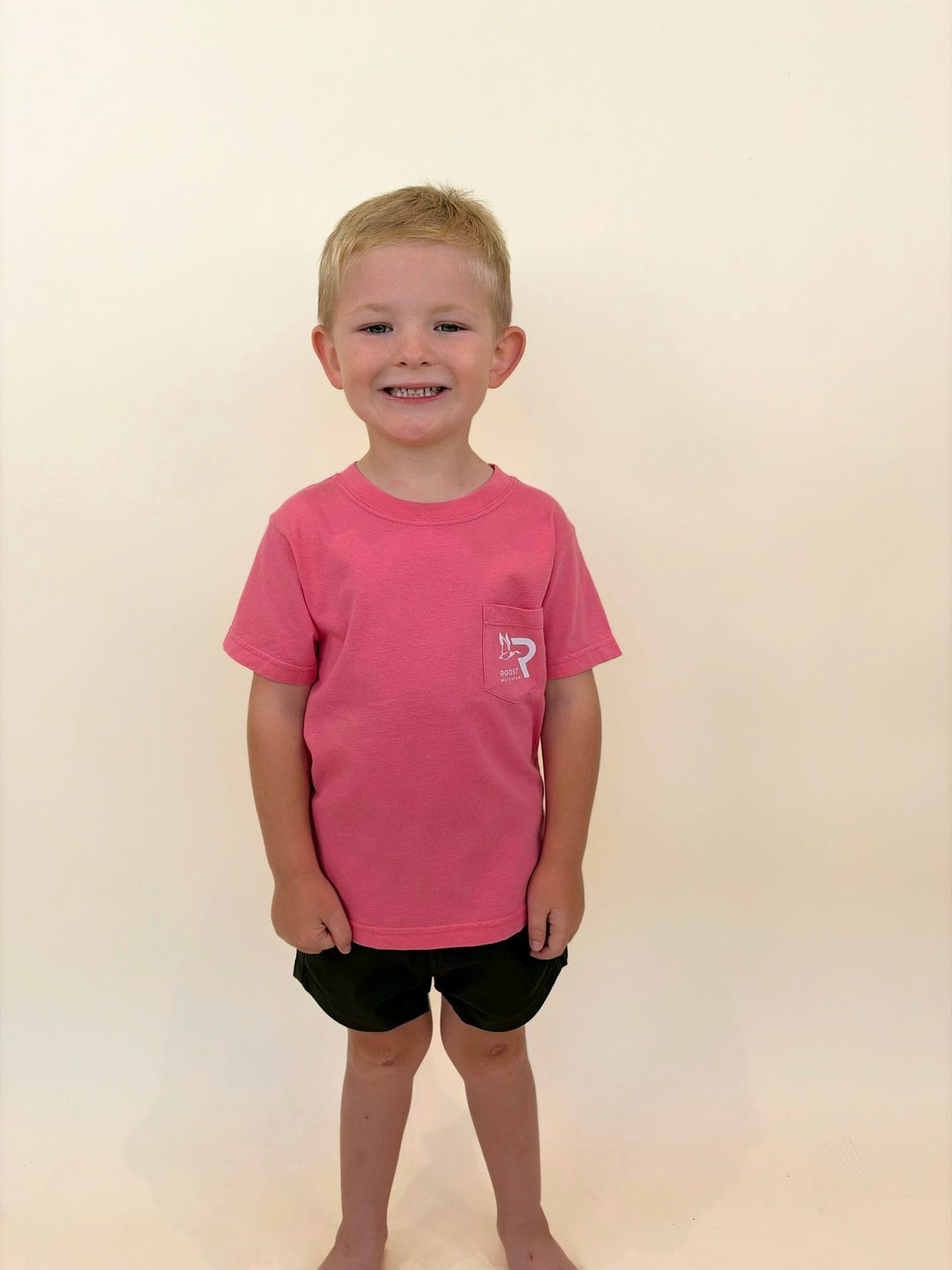 Boys pink Roost Waterfowl pocket t-shirt, youth outdoor graphic tee, comfortable cotton short sleeve shirt for kids, casual hunting lifestyle apparel