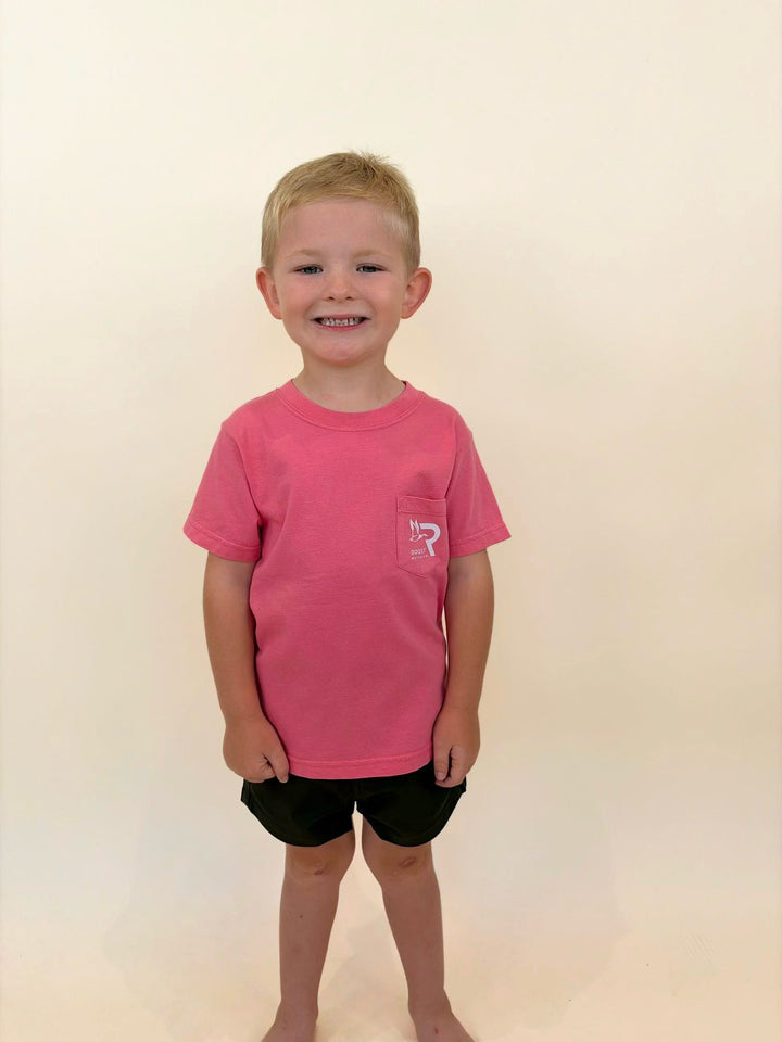 Boys pink Roost Waterfowl pocket t-shirt, youth outdoor graphic tee, comfortable cotton short sleeve shirt for kids, casual hunting lifestyle apparel