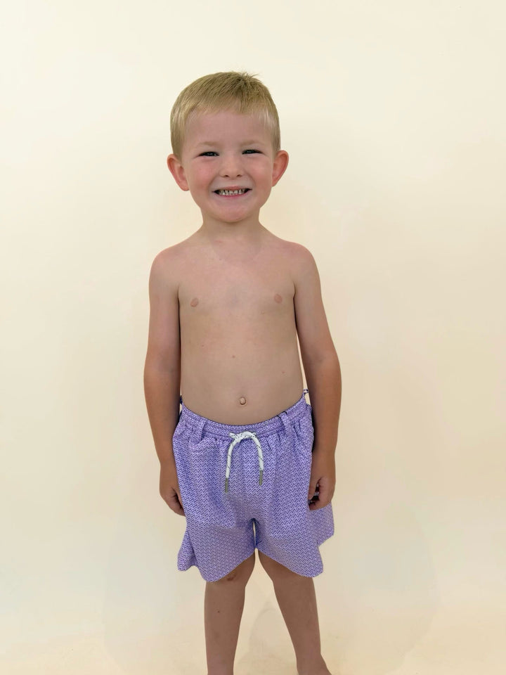 Boys purple swim trunks, youth swimwear, Caddie boys swim shorts, quick dry swim trunks, boys beach outfit, toddler swim trunks, youth poolside apparel, patterned boys swimsuit