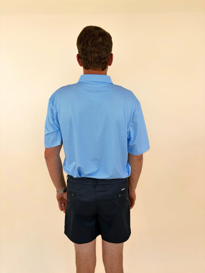 Men’s light blue performance polo shirt, Roost Waterfowl polo, blue patterned golf polo, men’s southern style polo, lightweight performance polo, moisture wicking golf shirt, casual men’s country club apparel