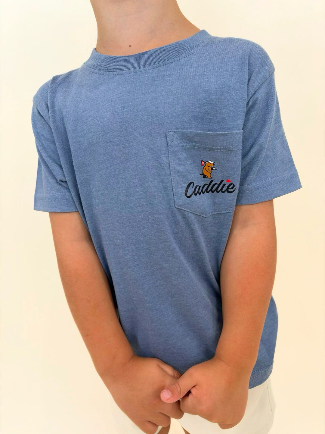 Boys pocket t-shirt detail, Caddie logo pocket tee, youth blue graphic shirt, boys casual clothing, soft cotton youth tee, southern boys apparel, premium youth pocket shirt, everyday boys fashion