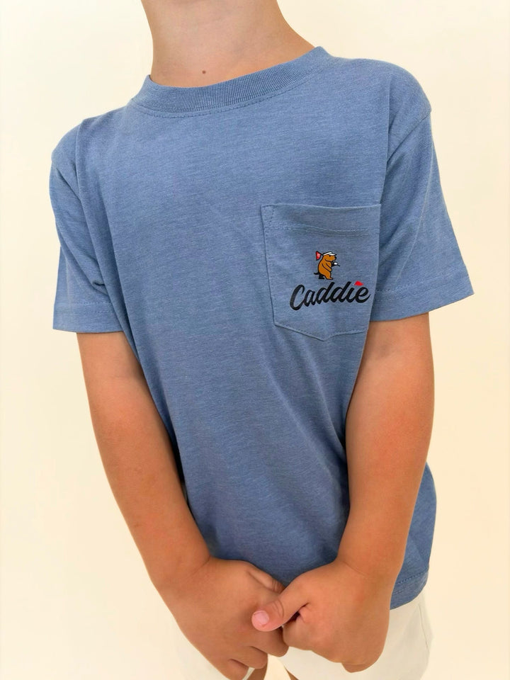 Boys pocket t-shirt detail, Caddie logo pocket tee, youth blue graphic shirt, boys casual clothing, soft cotton youth tee, southern boys apparel, premium youth pocket shirt, everyday boys fashion