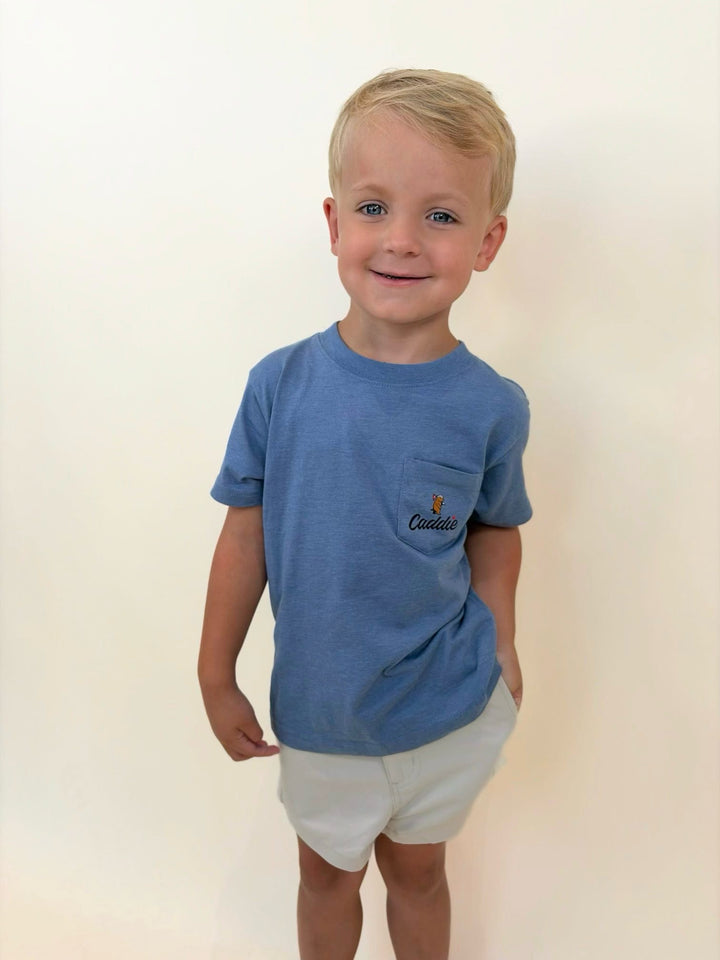 Youth blue pocket t-shirt, boys graphic tee, Caddie youth apparel, boys casual summer shirt, soft cotton pocket tee, boys southern style clothing, youth everyday t-shirt, lightweight boys tee