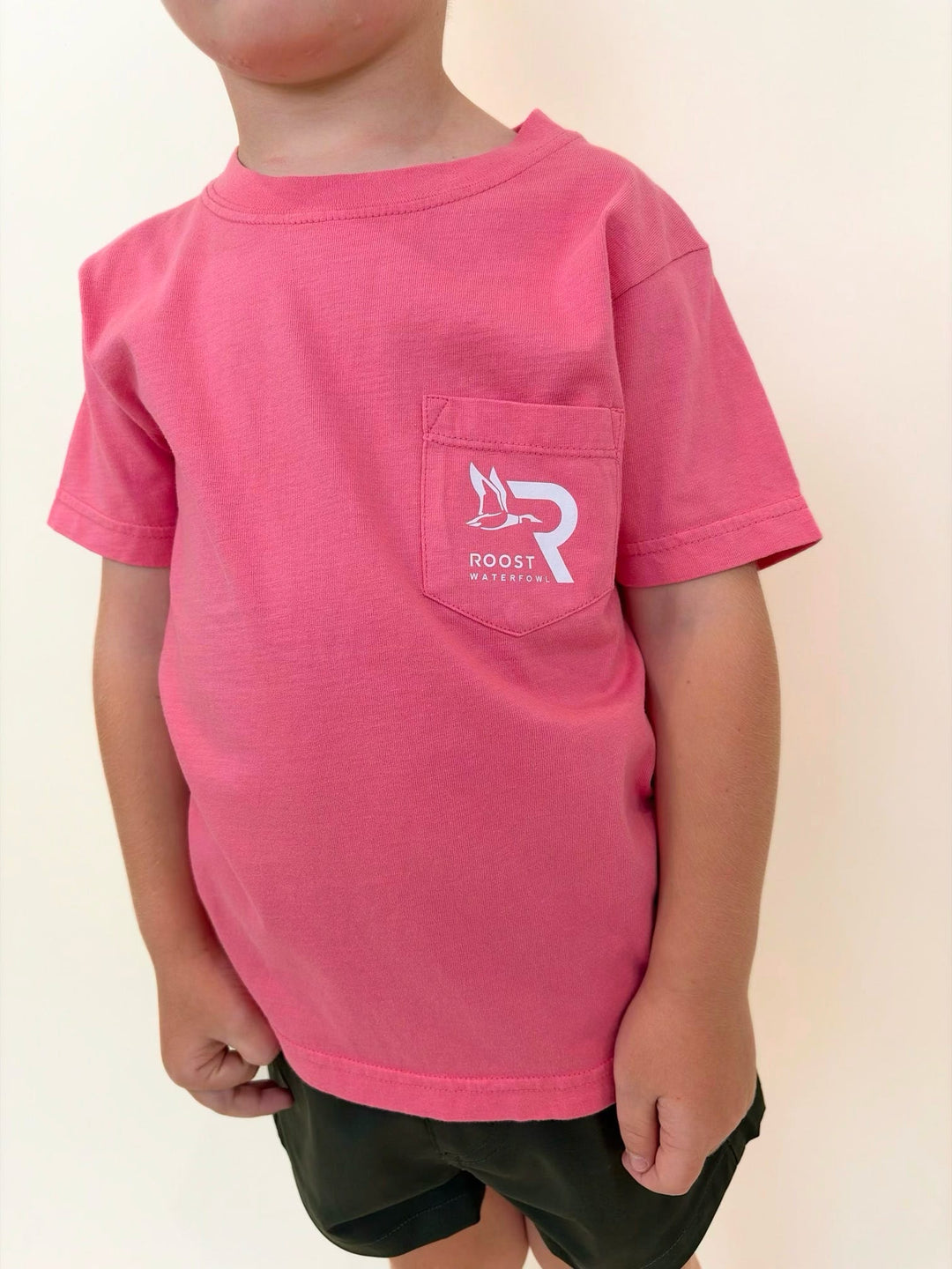 Youth Roost Waterfowl pocket t-shirt in pink, boys graphic hunting shirt with Roost logo pocket, youth outdoor lifestyle tee, comfortable cotton kids apparel