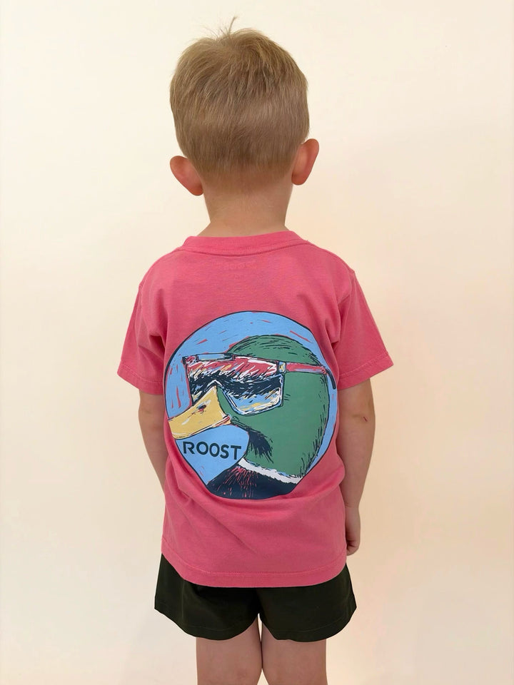 Youth Roost Waterfowl duck graphic t-shirt, boys pink hunting tee with mallard duck wearing sunglasses, fun outdoor lifestyle shirt for kids, waterfowl graphic apparel
